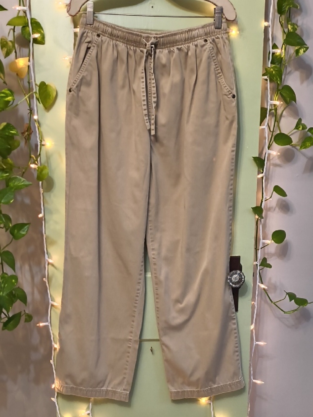 Women's Erika Khaki Tan DrawString Elastic Waist Wide Leg Pants M